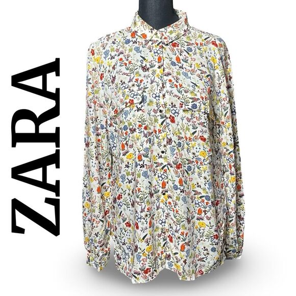 ZARA Floral Button Shirt, Gold buttons, Long Sleeves, Shirt Pockets, Sz. Small - Picture 1 of 8